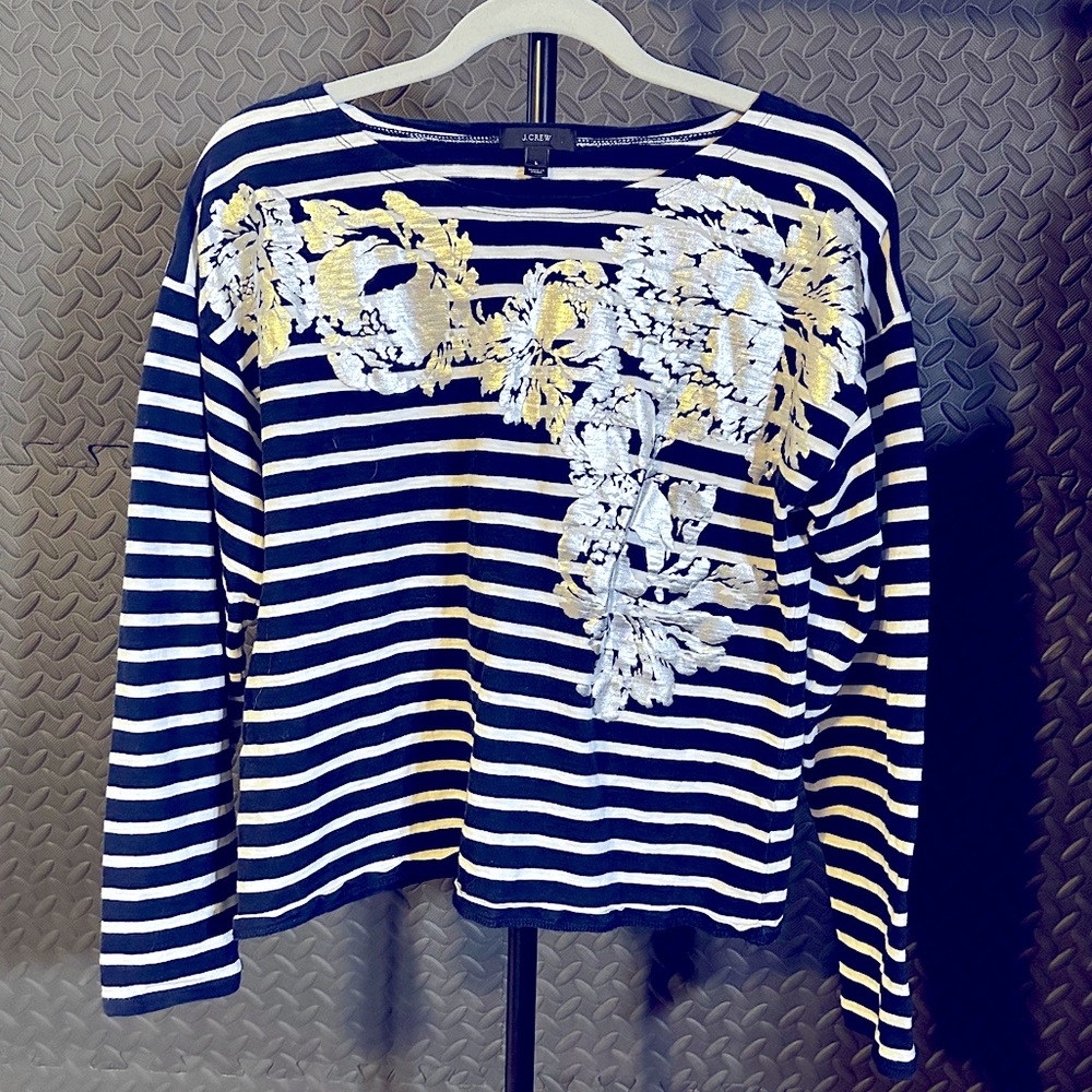 J. Crew Metallic Floral Sailor Shirt Navy/White Size L